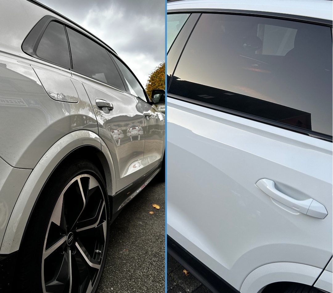 Audi RSQ8 von der Seite vor und nach der Außenaufbereitung, links verschmutzter Lack, rechts sauberer weißer Lack